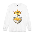White long-sleeve shirt with 'King of Mac n' Cheese' graphic design on a white background