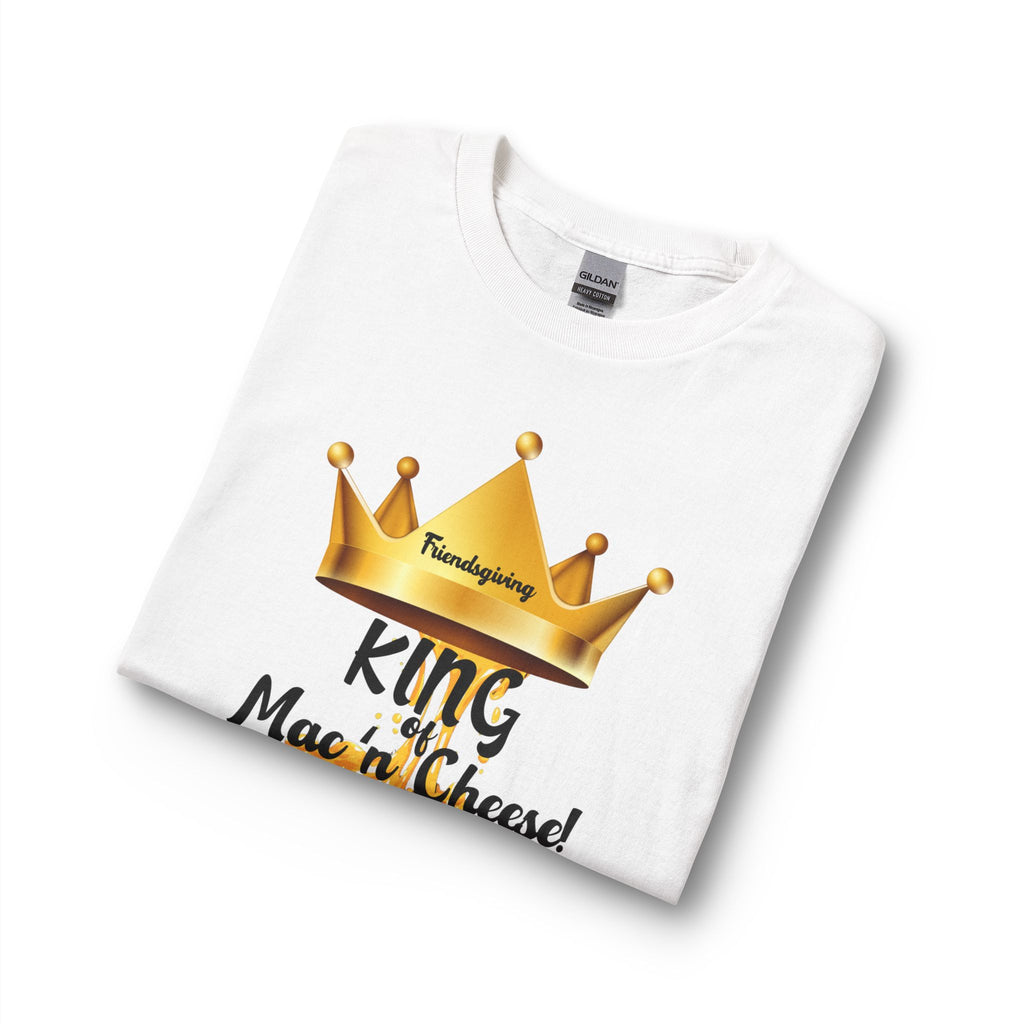 White t-shirt with a gold crown graphic and text on a white background