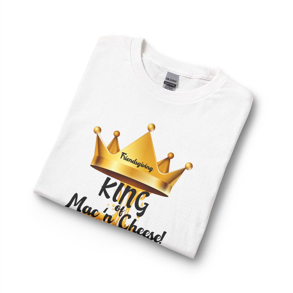 White t-shirt with a gold crown graphic and text on a white background