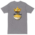 Gray t-shirt with a graphic of a bowl of macaroni and cheese and a crown, labeled 'King of Mac n' Cheese'.