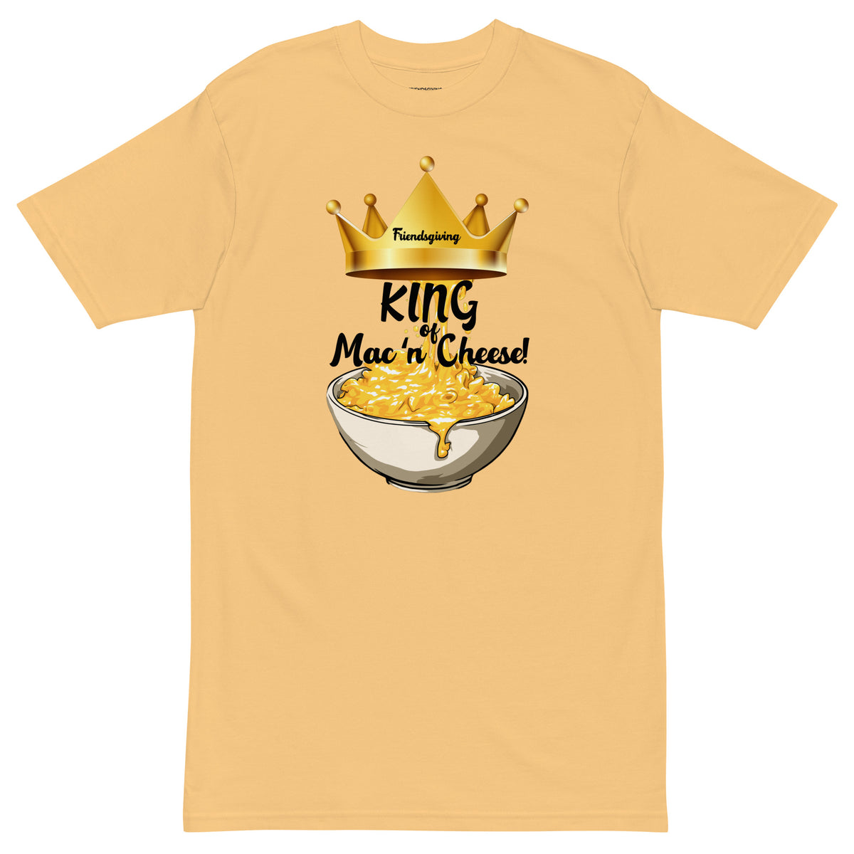 Beige t-shirt with a graphic of macaroni and cheese and a crown, labeled 'King of Mac n' Cheese'.