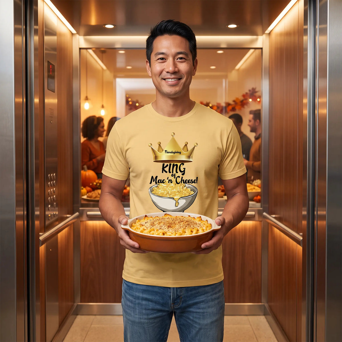 A man standing in a stainless steel elevator holding a large casserole dish of mac and cheese, wearing a yellow graphic t-shirt that says 'King of Mac N' Cheese' with a crown illustration.