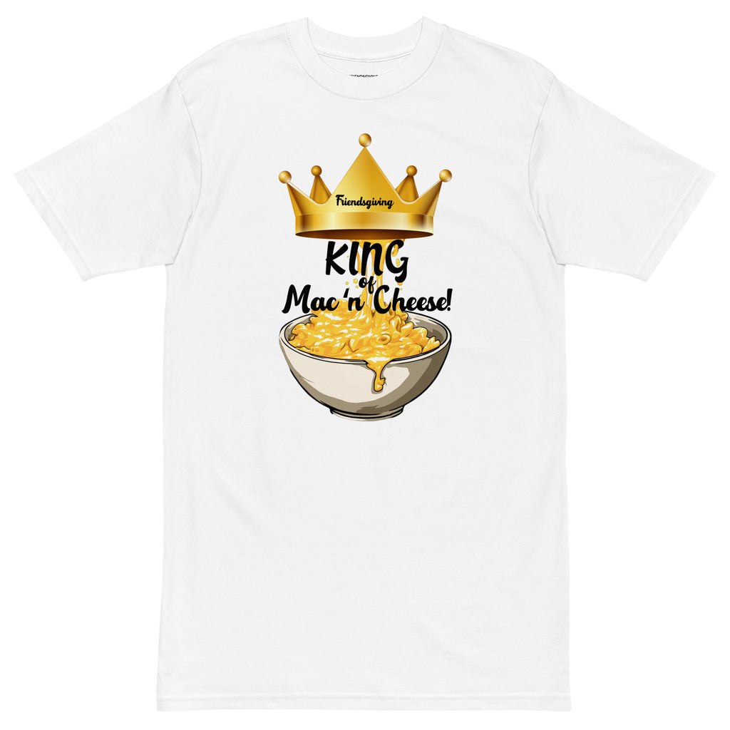 White t-shirt with a graphic of macaroni and cheese and a crown, text 'King of Mac n' Cheese', on a white background.