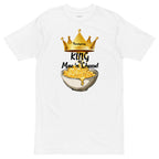 White t-shirt with a graphic of macaroni and cheese and a crown, text 'King of Mac n' Cheese', on a white background.