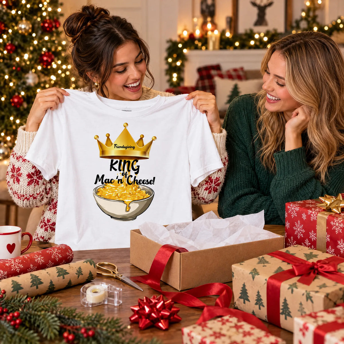 A woman holds up a white graphic t-shirt featuring a gold crown and the text 'King Mac n' Cheese!' above an illustration of a bowl of macaroni. The scene is set in a cozy, decorated Christmas home with another woman smiling in the background, surrounded by her wrapping station with gift boxes, wrapping paper, and holiday greenery.
