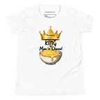A white short-sleeve crewneck t-shirt featuring a graphic print of a golden crown, a bowl of macaroni cheese, and the text 'King of Mac 'n' Cheese!'. The inner collar shows the brand 'The Friendsgiving Shop'.