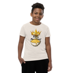 Child wearing a heather dust-colored white t-shirt with a cartoon character design on a white background