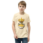 Child wearing a cream t-shirt with 'King of Mac n Cheese' graphic design on a white background