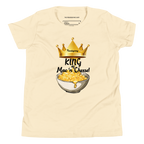 A natural colored short-sleeve t-shirt with a graphic print of a golden crown, the word 'Friendsgiving', and a bowl of macaroni cheese with the text 'King of Mac 'n' Cheese!'. The inner collar label shows the brand 'The Friendsgiving Shop'.