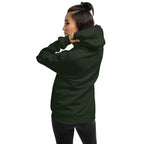 Person wearing a black hoodie with floral embroidery on the back against a white background