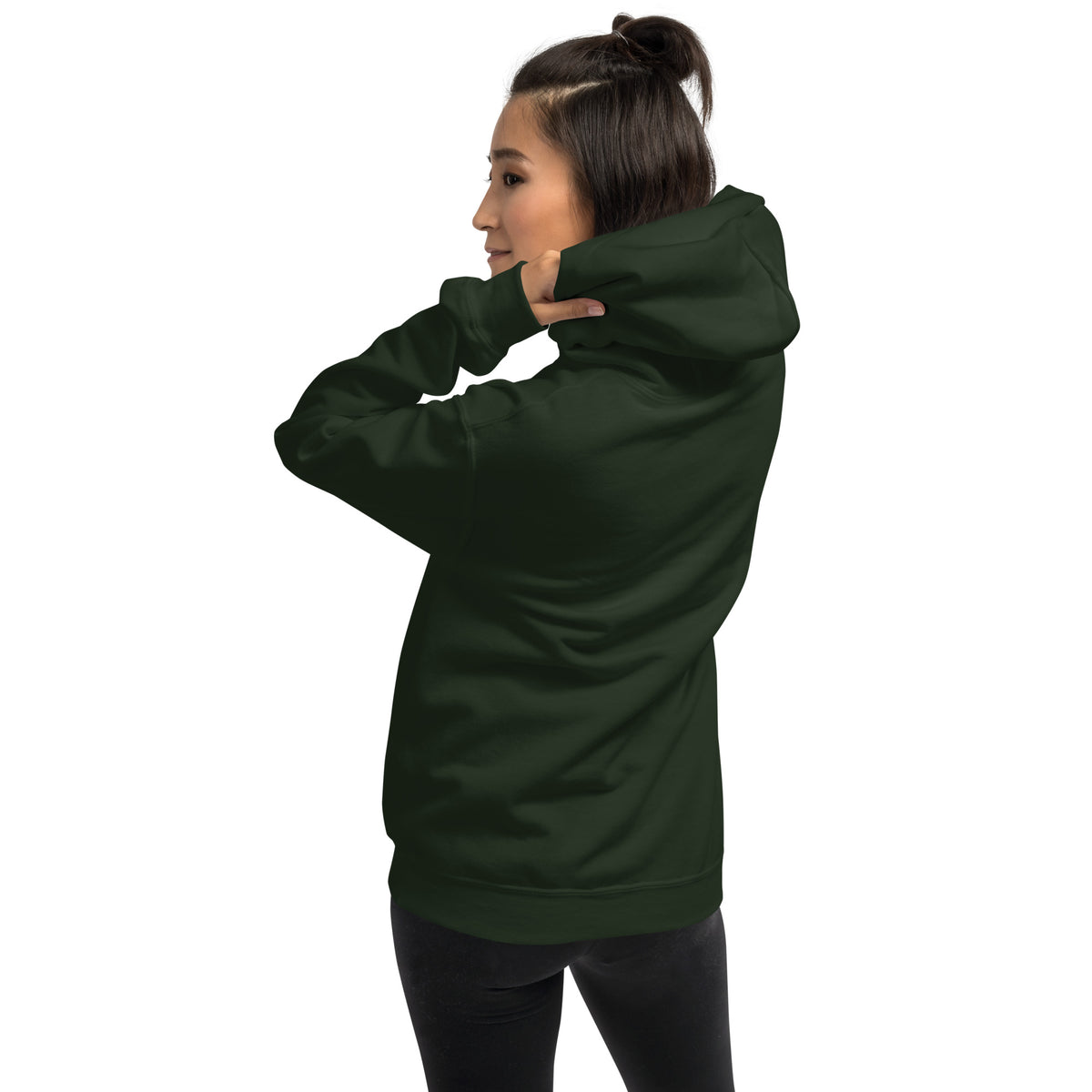 Person wearing a black hoodie with floral embroidery on the back against a white background