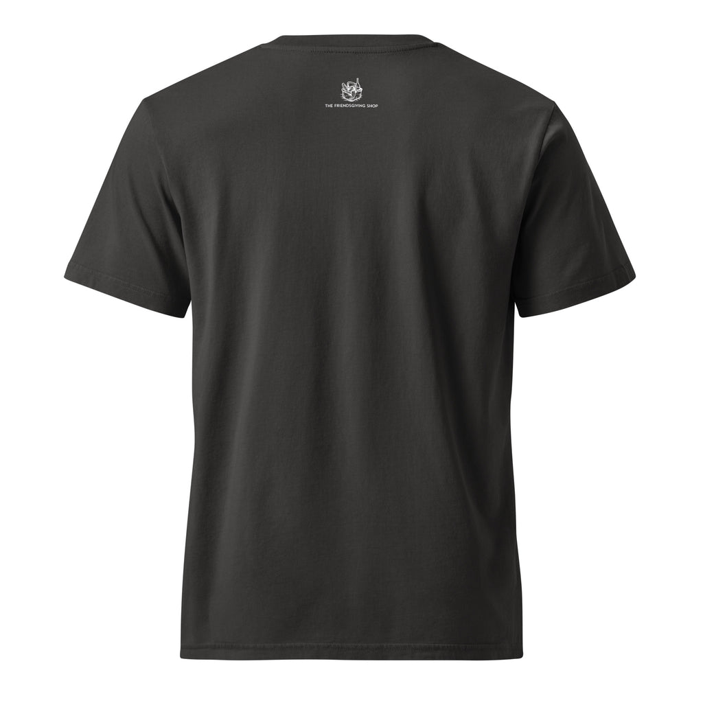 Dark grey t-shirt with gold text on the back against a white background