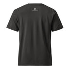 Dark grey t-shirt with gold text on the back against a white background