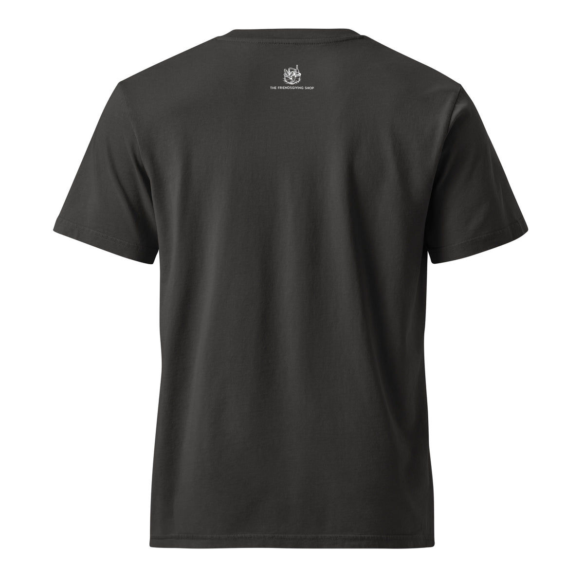 Dark grey t-shirt with gold text on the back against a white background