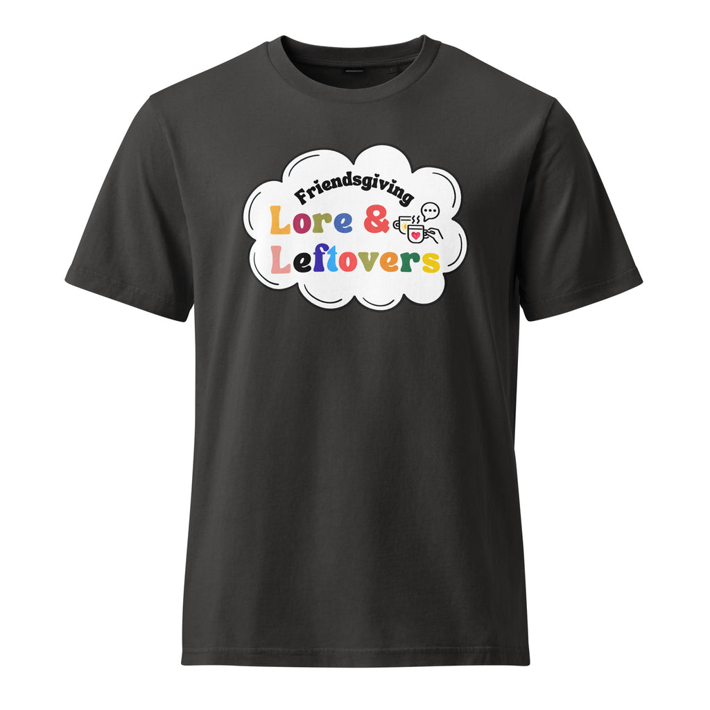 Dark grey t-shirt with 'Friendsgiving Lore & Leftovers' graphic on a white background