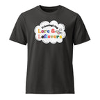 Dark grey t-shirt with 'Friendsgiving Lore & Leftovers' graphic on a white background