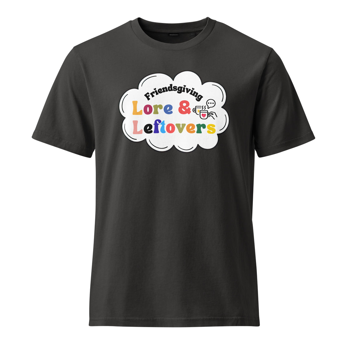 Dark grey t-shirt with 'Friendsgiving Lore & Leftovers' graphic on a white background