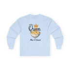 Light blue sweatshirt with 'Queen of Mac n Cheese' graphic on a white background