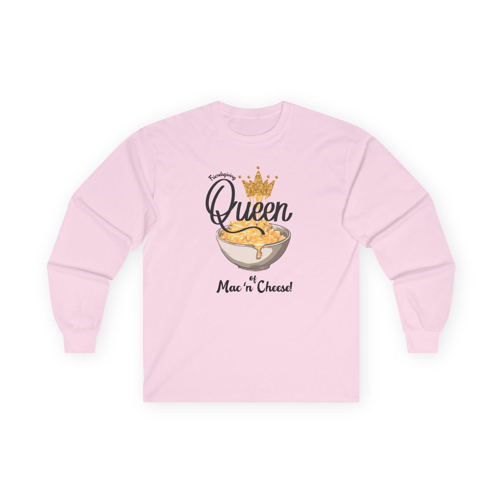Pink sweatshirt with 'Queen of Mac n Cheese' text and graphic on a white background