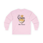 Pink sweatshirt with 'Queen of Mac n Cheese' text and graphic on a white background