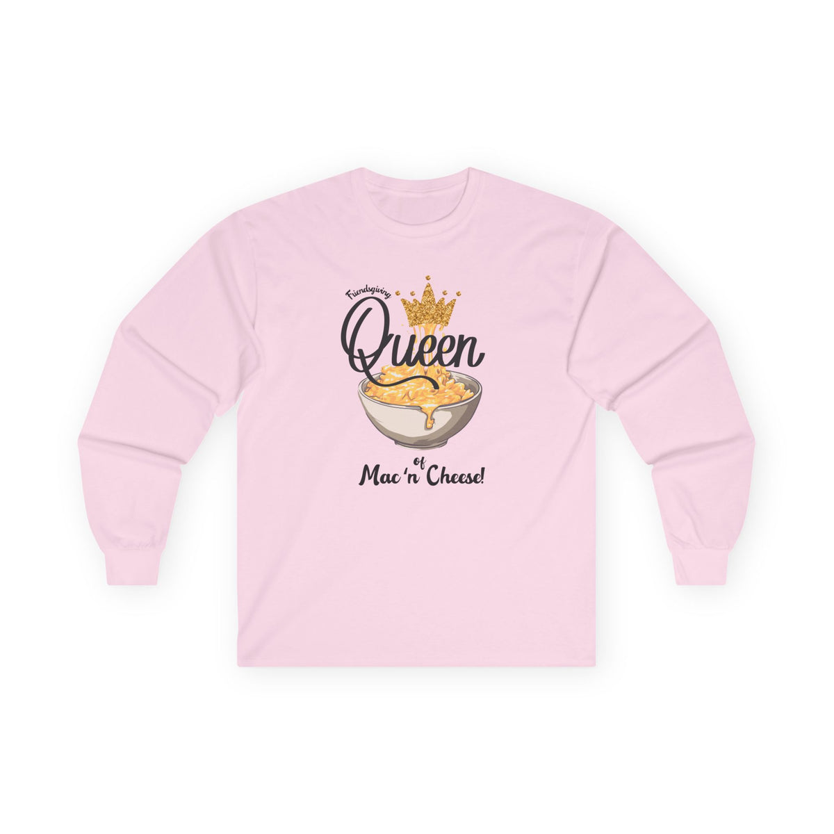 Pink sweatshirt with 'Queen of Mac n Cheese' text and graphic on a white background