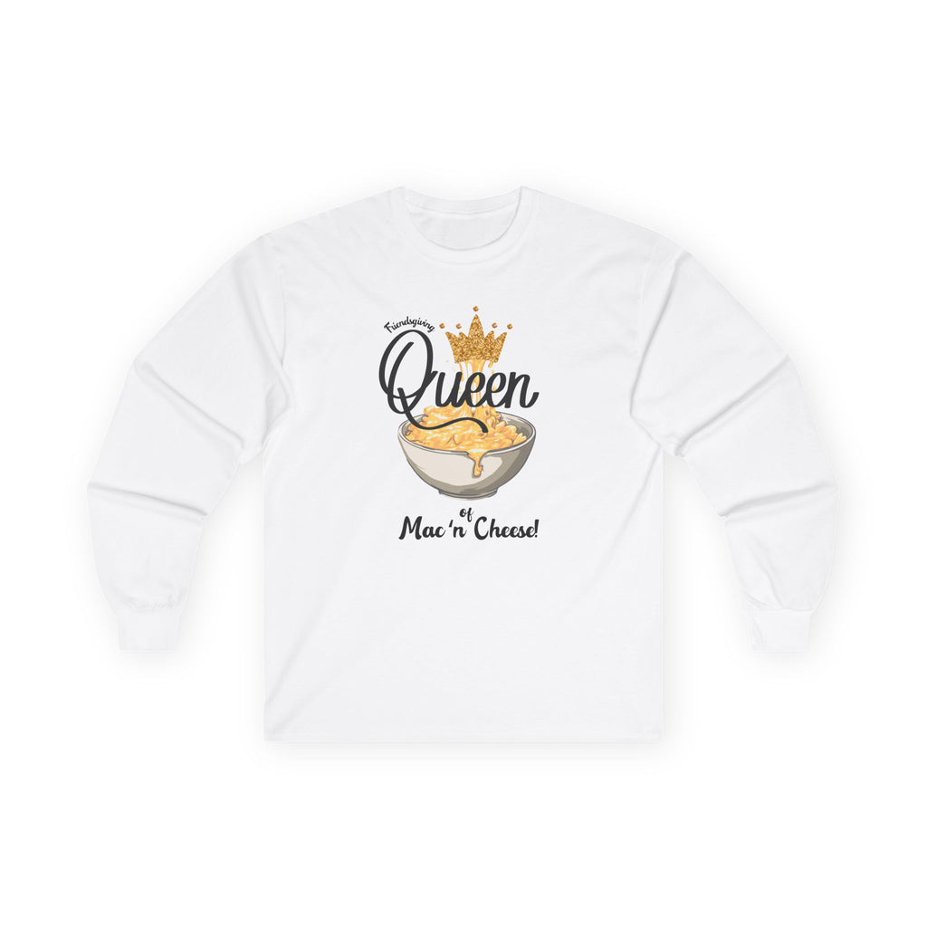 White sweatshirt with 'Queen of Mac n Cheese' graphic on a white background