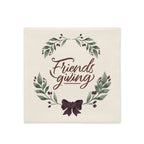 Friendsgiving Premium Pillow Case with text "Friendsgiving" in script with burgundy bow and leafy adornments on eige background