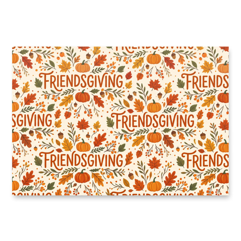 A rectangular decorative print or card featuring a repeating autumn pattern with the word 'FRIENDSGIVING' in orange script, surrounded by fall leaves, pumpkins, acorns, and berries on a cream background.