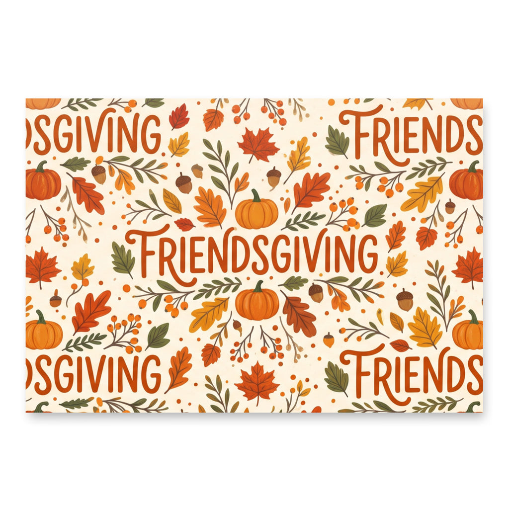 A rectangular decorative sign or print with an autumn Thanksgiving pattern, featuring the word 'FRIENDSGIVING' repeated in large orange script, surrounded by pumpkins, acorns, leaves, berries, and dots on a cream background.