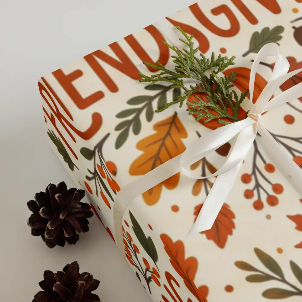 A gift box wrapped in cream wrapping paper with a fall harvest pattern of orange leaves, brown berries, and green branches, tied with a white ribbon and topped with a small green sprig. Two pinecones rest on the white surface beside the box.