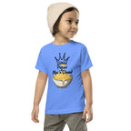 Child wearing a blue t-shirt with a graphic design and text on a white background