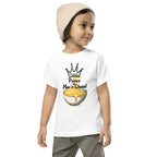 Child wearing a white t-shirt with a graphic design and text on a white background