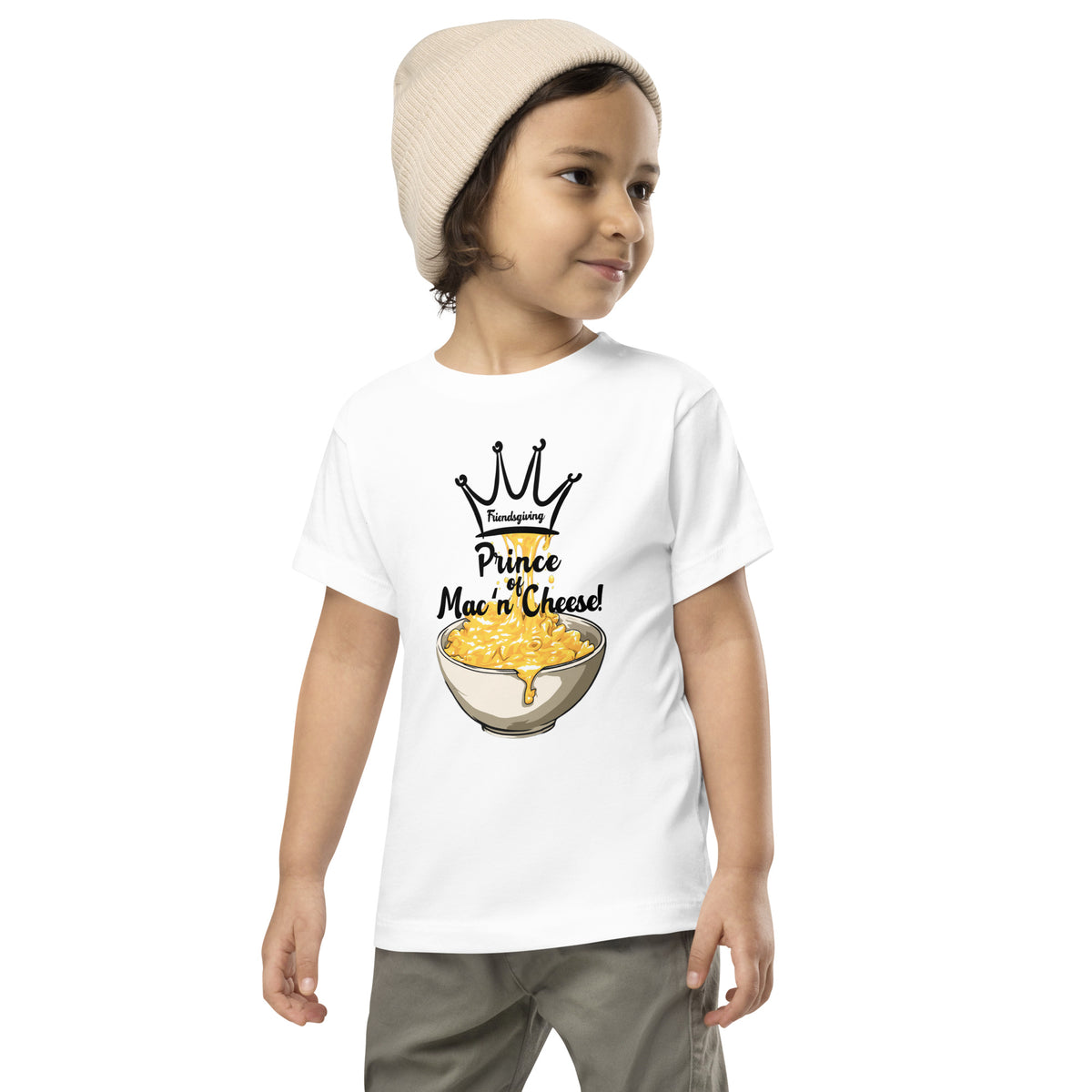 Child wearing a white t-shirt with a graphic design and text on a white background