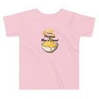A light pink short-sleeve t-shirt with a graphic on the chest that reads 'Friendsgiving Princess of Mac 'n' Cheese!' above an illustration of a bowl of macaroni and cheese with a gold crown.