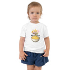Child wearing a white t-shirt with a graphic design on a white background