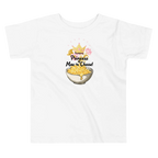 A white toddler short-sleeve t-shirt with a graphic print of a bowl of mac and cheese under a gold crown and the text 'Princess of Mac 'n' Cheese!'.