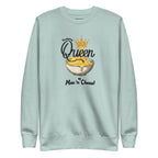 Light blue sweatshirt with mac and cheese graphic and text on a white background