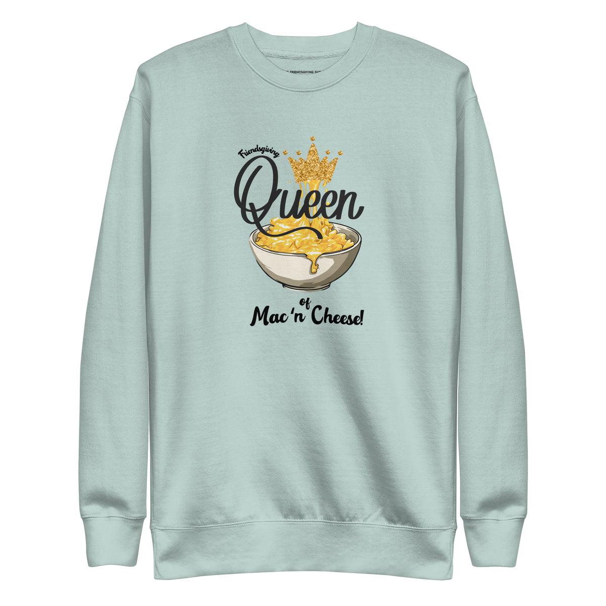 Light blue sweatshirt with mac and cheese graphic and text on a white background
