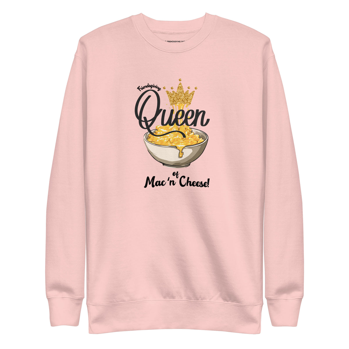 Pink sweatshirt with mac and cheese graphic and text on a white background