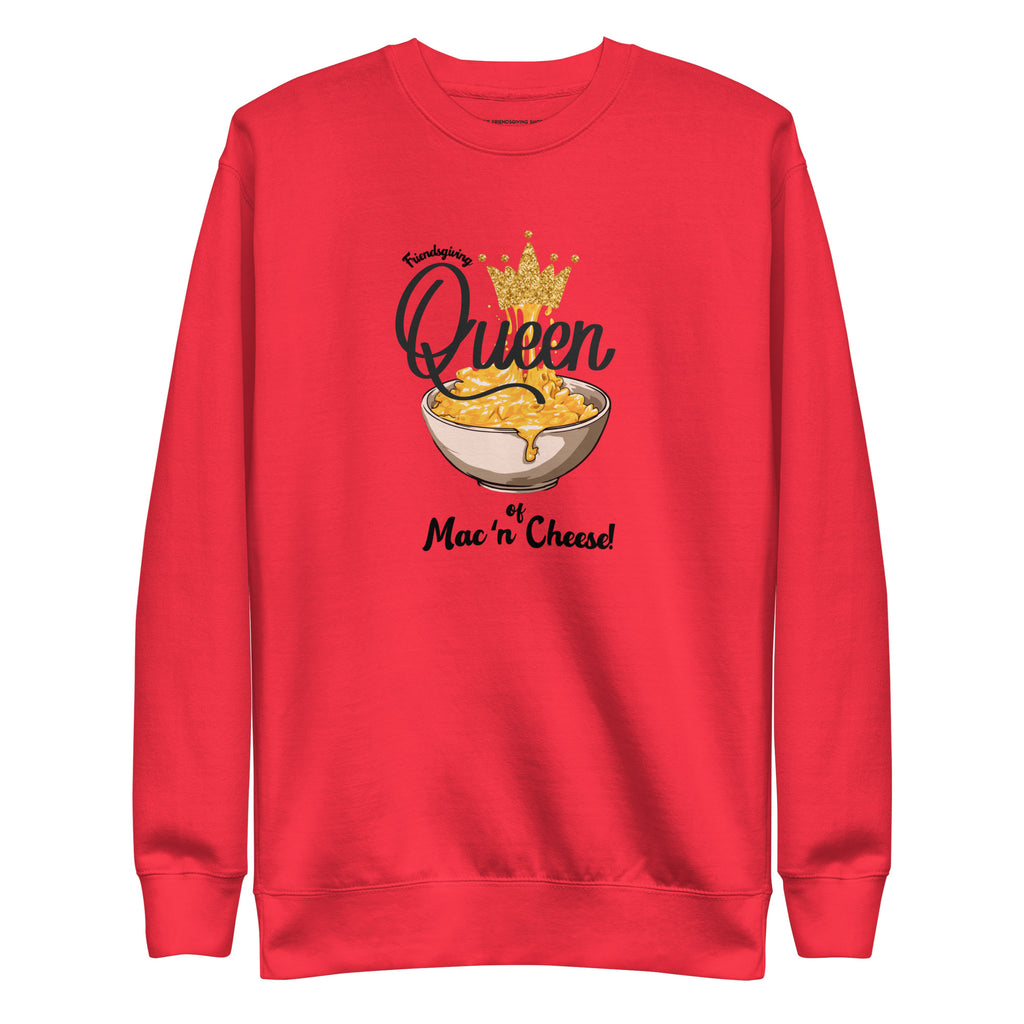 Red sweatshirt with mac and cheese graphic and text on a white background