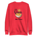 Red sweatshirt with mac and cheese graphic and text on a white background