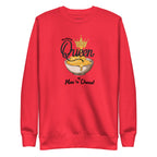 Red sweatshirt with mac and cheese graphic and text on a white background