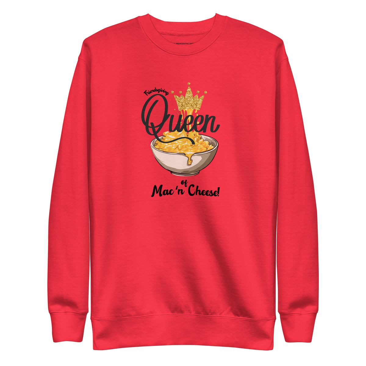 Red sweatshirt with mac and cheese graphic and text on a white background
