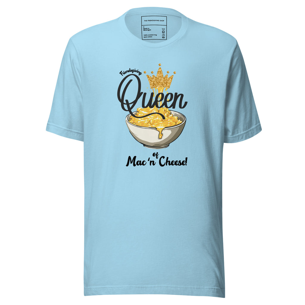 Light blue t-shirt with 'Queen of Mac n' Cheese' graphic on a white background