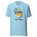 Light blue t-shirt with 'Queen of Mac n' Cheese' graphic on a white background