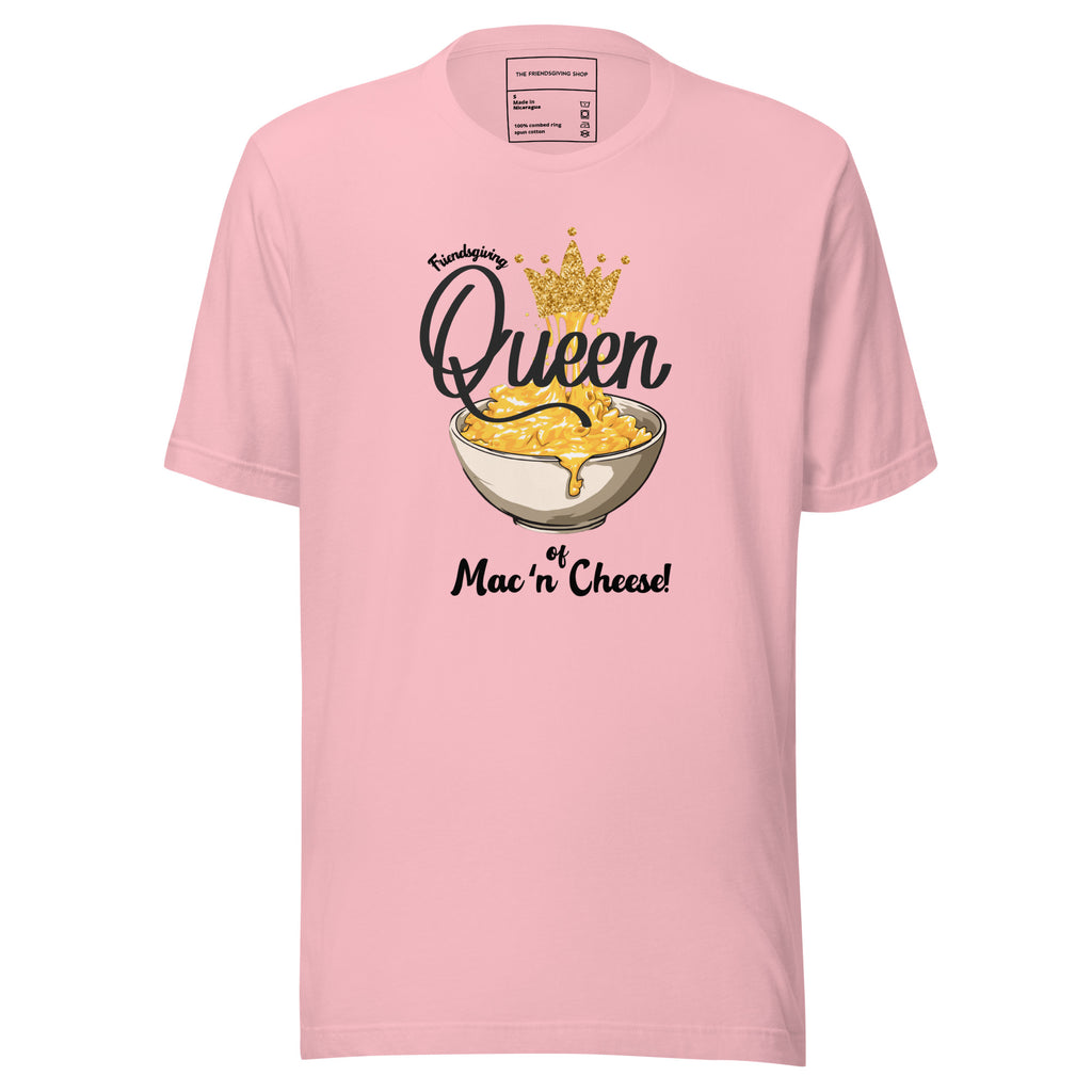 Pink t-shirt with 'Queen of Mac n Cheese' graphic design on a white background