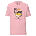 Pink t-shirt with 'Queen of Mac n Cheese' graphic design on a white background