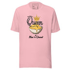 Pink t-shirt with 'Queen of Mac n Cheese' graphic design on a white background
