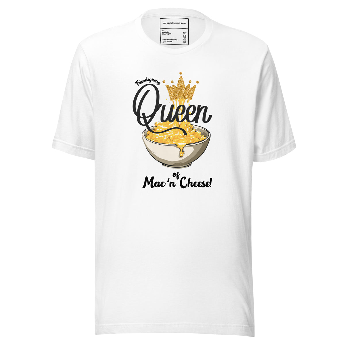 White t-shirt with 'Queen of Mac n Cheese' graphic design on a white background