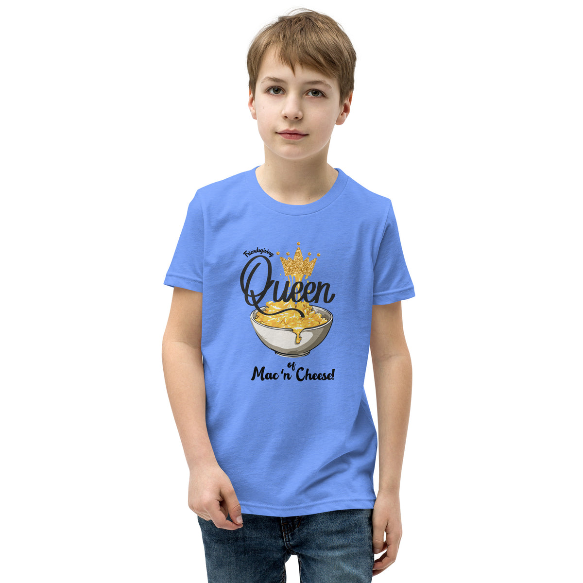 Child wearing a blue t-shirt with 'Queen of Mac n Cheese' design on a white background